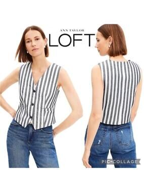 LOFT Textured Navy Blue White Striped Button Front Pocket Vest Top 2024 Small
